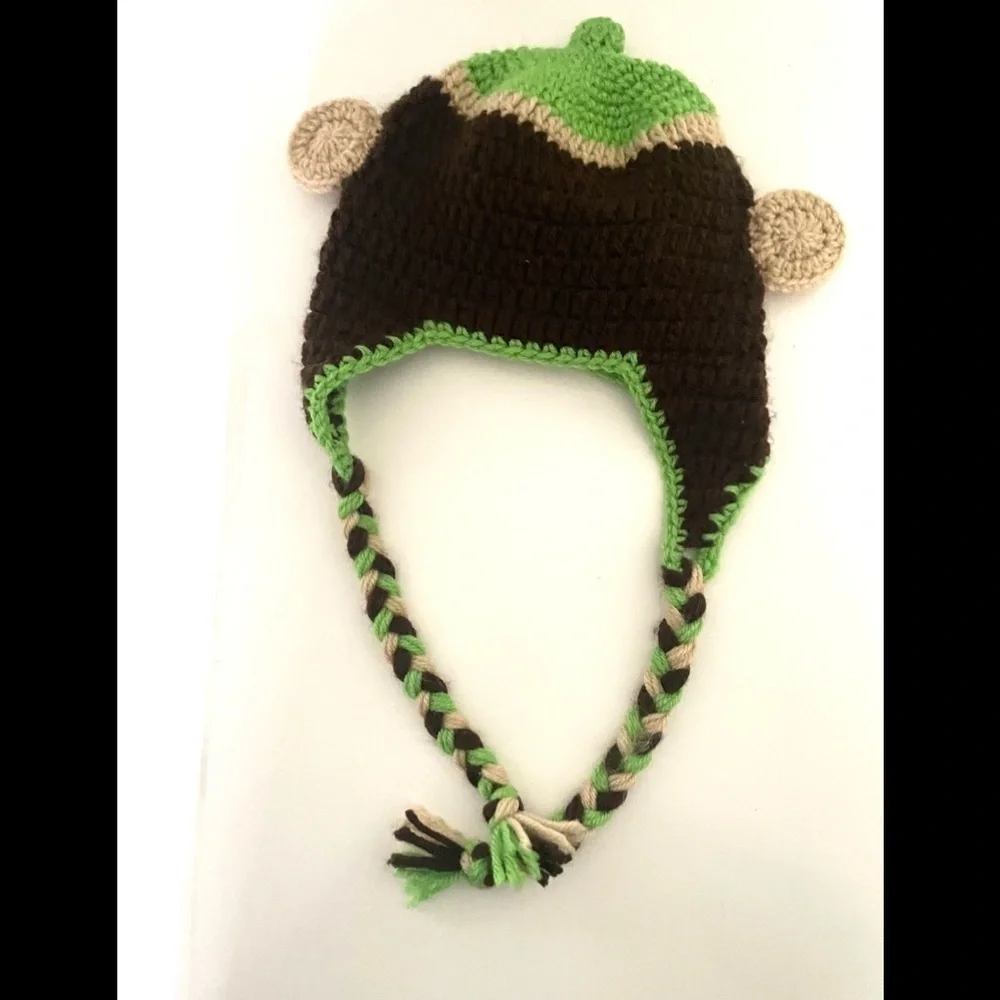 HANDMADE Knitted crochet toddler monkey beanie with braids -one size